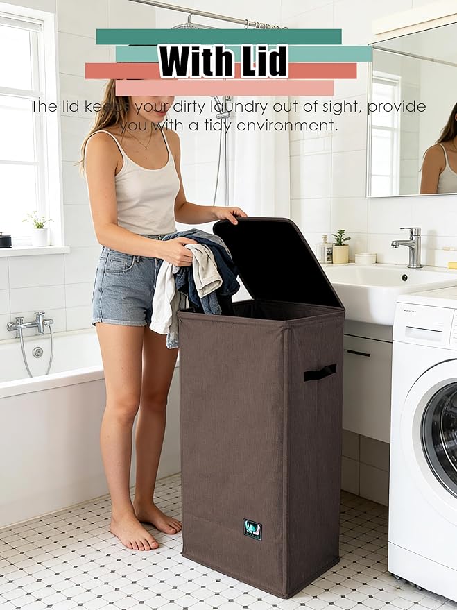 WTREE Laundry Hamper with Lid, Reinforced Sturdy Clothes Hamper with Anti-Puncture Base, Large Collapsible Laundry Basket wit