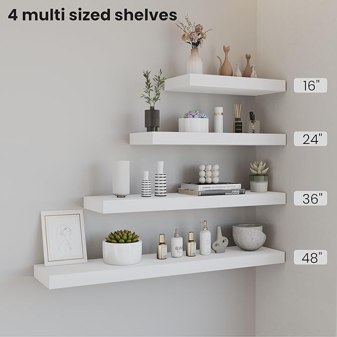 Vivelove Wooden Floating Shelves for Wall 24” x 8”x 1.4”, Solid Wood Shelf with Invisible Brackets, Deep Wall Shelves for Bat