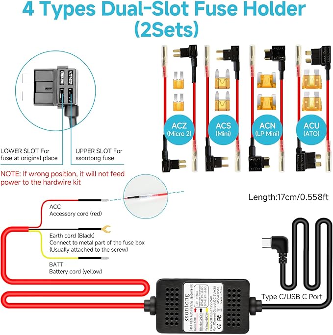 Dash Cam Hardwire Kit, Acc Hardwire Kit for Dash Camera Type C 3-Lead Hard Wire Kit 12V-24V to 5V USB-C Hard Wire Kit w/Low Voltage Protection 13ft Charger Power Cord for GPS Radar Detectors and More