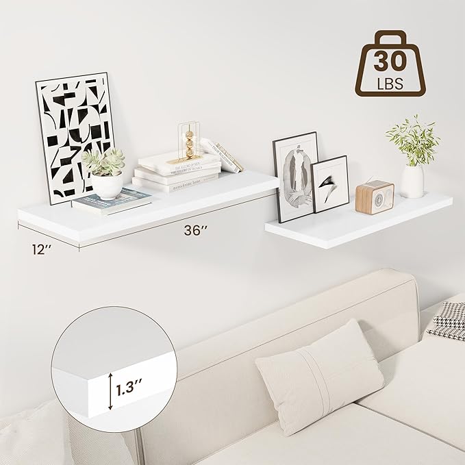 Dreamland 36" Floating Shelves for Wall, 12" Deep Slim White Floating Shelves, Wall-Mounted Shelves for Bedroom, Living Room,