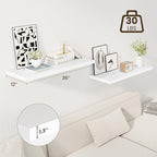 Dreamland 36" Floating Shelves for Wall, 12" Deep Slim White Floating Shelves, Wall-Mounted Shelves for Bedroom, Living Room,