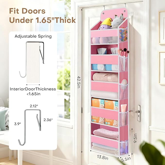 SpaceWhisper Over the Door Organizer, 5 Large Pocket Hanging Storage Organizer with 40lb Capacity, Space Saving for Nursery, 