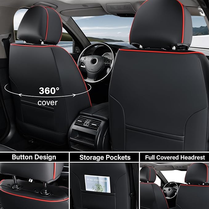 Coverado Seat Covers, Car Seat Covers Front Seats, Waterproof Nappa Leather Auto Seat Cover with Lumbar Head Pillow, Black Re