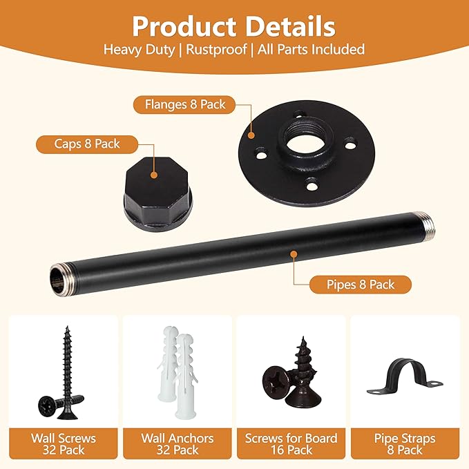 IAE Floating Pipe Shelves Bracket ,Wall Mounted Pipe Shelf for 6-14 in Depth Wood,Heavy-Duty 3/4" Iron， Pipe Shelving Bracket