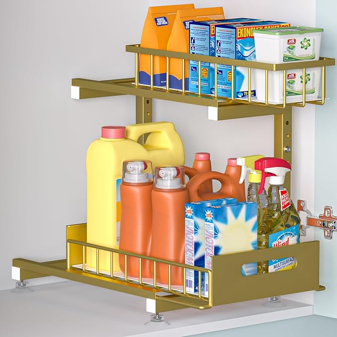 Under Sink Organizer, 2-Tier Premium Metal Pull-Out Racks with Adjustable Height, Heavy Duty Sliding Bin for Bathroom and Kit