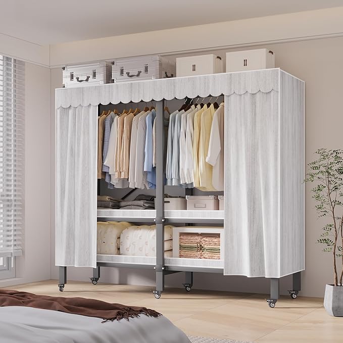 Garment Rack with Cover, Heavy Duty Portable Wardrobe Closet 2000LB, Foldable Clothe Rack with Wheel, Clothes Rack for Hangin