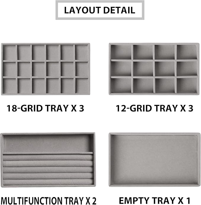Frebeauty Jewelry Organizer Tray,Stackable Velvet Jewelry Trays,Drawer Inserts Earring Organizer For Women Jewelry Storage Di
