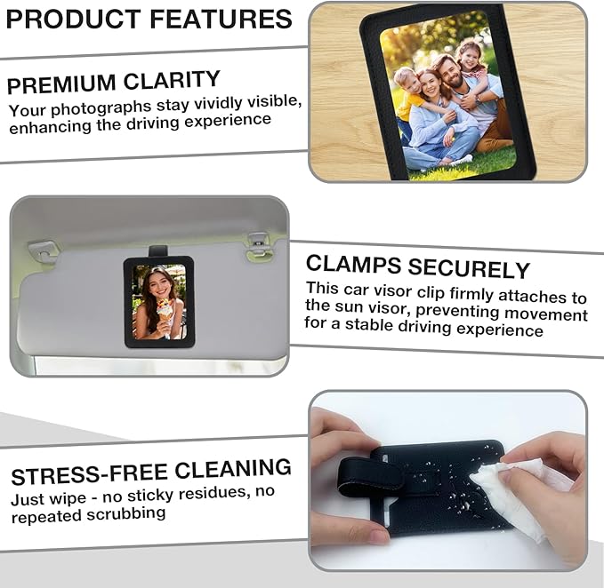 HIIXHC 2Pcs Car Picture Holder, Magnetic Car Photo Holder, Sun Visor Photo Clip for 3 Inch Photos, Personalized PU Leather Visor Clip for Drive Safe Daddy/Family/Pet Pictures | Car Accessories