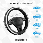 Road Comforts Leather Steering Wheel Cover – Black & Silver, Universal Fit 14.5-15 Inch, Microfiber Leather, Anti-Slip & Brea
