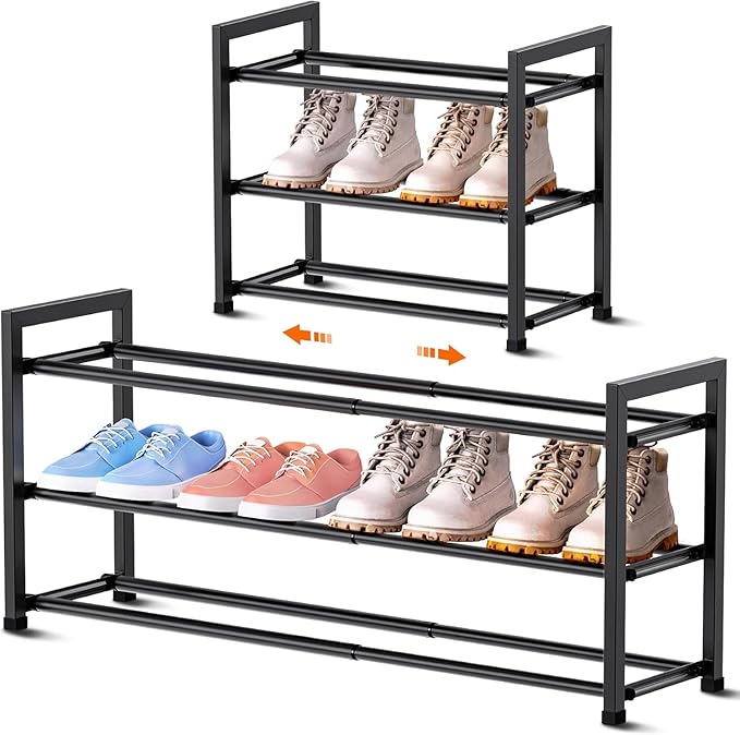 Bumusty 3-Tier Expandable Shoe Rack for Closet, 18“-33” Adjustable Shoe Rack for Small Space, Small Shoe Organizer for Front 