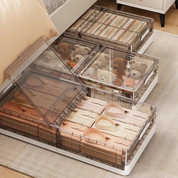 Underbed Roller Organizer, Stackable Flip-Top Plastic Containers For Bedroom And Everyday Home Storage (Coffee, 2-Pack)