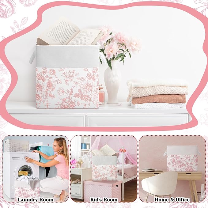 LemonRoad 6 Pcs Pink Floral Cube Storage Bins 11.22 Inch Square Storage Basket with Handle, Preppy Girls Organizer Basket, Co