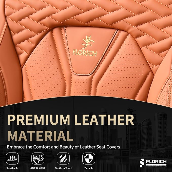 FLORICH Seat Covers, Leather Car Seat Covers Front Seats, Automotive Seat Covers Waterproof Car Seat Cushion Orange Seat Cove