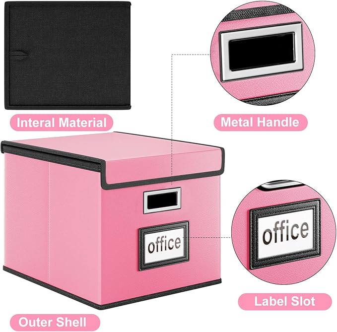 Huolewa File Organizer Box with Lid, Collapsible Leather File Folder Organizer for Office Document Storage, Filing Box with P