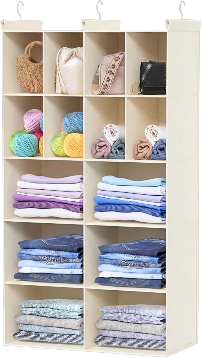 Ofiray-home 5 Tier Hanging Closet Organizer, 14 Compartments Sweater Organizer for Closet with 3 Sturdy Hooks, Closet Organiz