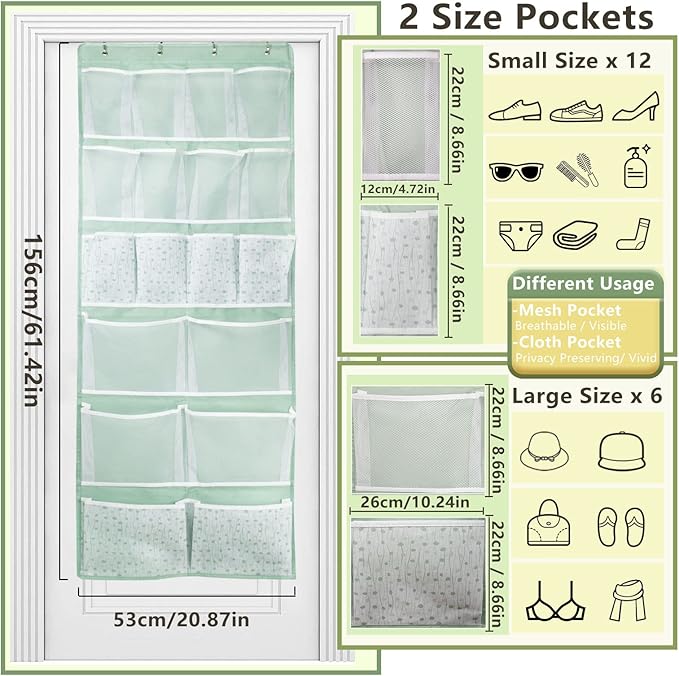 18 Pockets Over the Door Organizer with 4 Kind Pockets,Behind Door Shoes Rack,Back of Closet Storage Organization for Socks,H