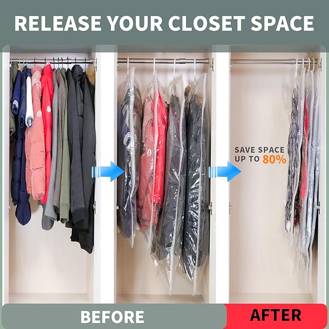 Meetall 6Pack Hanging Vacuum Storage Bag Reusable Space Saver Compressed Bag with Hangers.3pcs in 26.3x35.4inch(67x90cm) and 