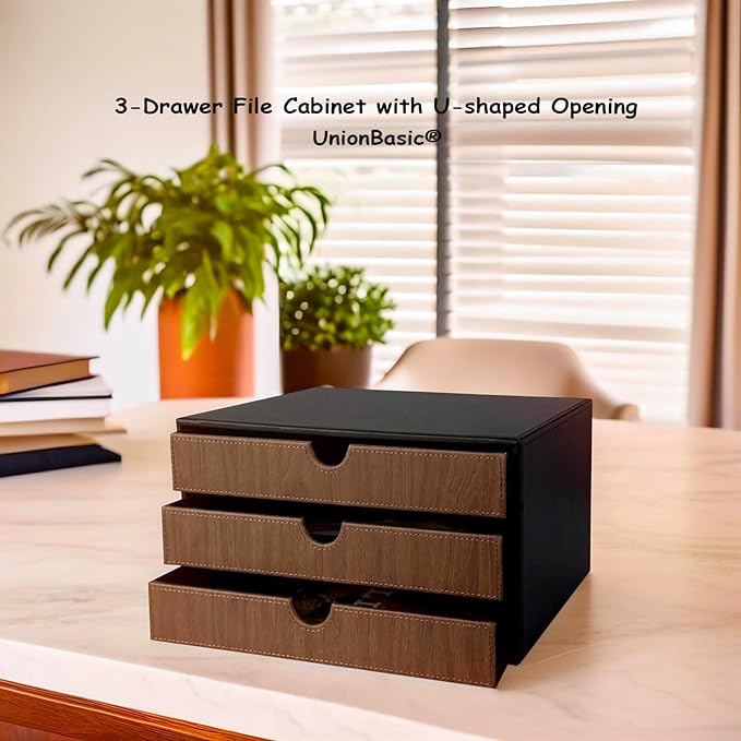UnionBasic Document Organizer, 3-Drawer File Cabinet Document Storage Box, Office Desktop Filing Organizer, Black with Wood G