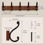 Solid Wood Wall Mounted Coat Rack, Heavy Duty 5 Hook Wooden Hanger with Metal Hooks for Hanging Hats, Coats, Towels, Backpack