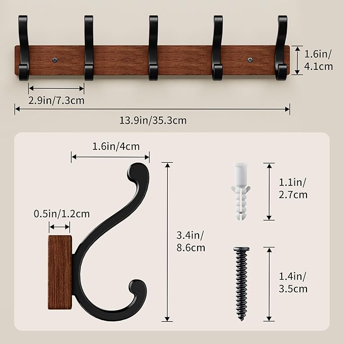 Solid Wood Wall Mounted Coat Rack, Heavy Duty 5 Hook Wooden Hanger with Metal Hooks for Hanging Hats, Coats, Towels, Backpack