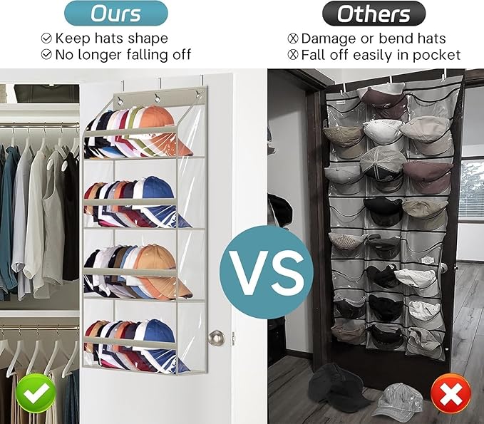 AOODA Clear Over the Door Hat Racks for Baseball Caps, Hold 48 Caps Hat Storage Organizer for Closet Wall, Deep Pockets Hangi