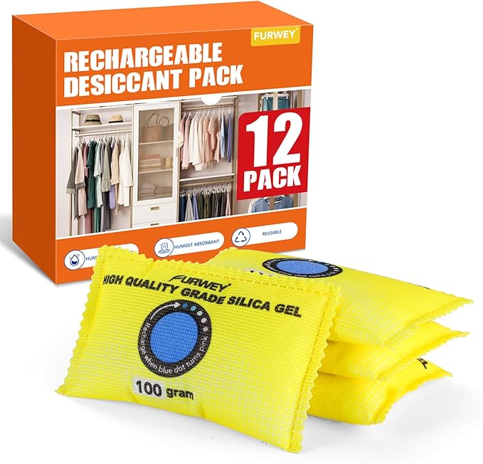 100g (12 Packs) Rechargeable Desiccant Packs for Storage, Color Indicating Silica Gel Desiccant Packets, Moisture absorbers