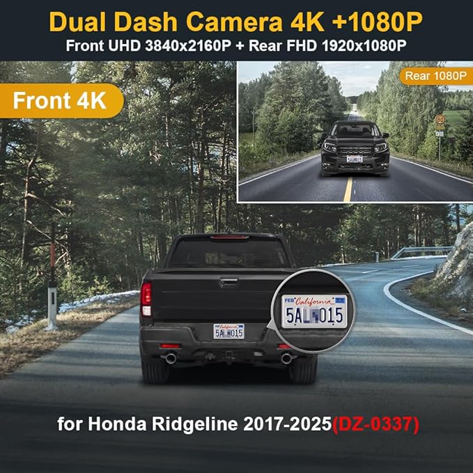 Fitcamx Front 4K+Rear 1080P Dash Cam for 2017-2025 Honda Ridgeline (DZ-0337) RT RTS RTL Trail Sport Black Edition, OEM Look, 
