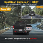 Fitcamx Front 4K+Rear 1080P Dash Cam for 2017-2025 Honda Ridgeline (DZ-0337) RT RTS RTL Trail Sport Black Edition, OEM Look, 