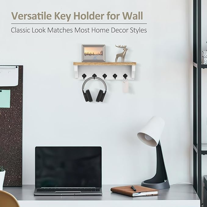 Nekon Key Holder for Wall, 11.8" W x 3.5" H x 2.8" D Decorative Key Organizer with Floating Shelf, Wall Mount Key Rack with 5