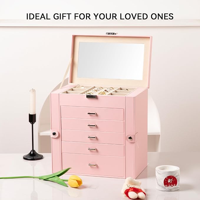 Frebeauty Large Jewelry Box,6-Tier PU Leather Jewelry Organizer,Multi-functional Storage Case with Mirror,Accessories Holder 