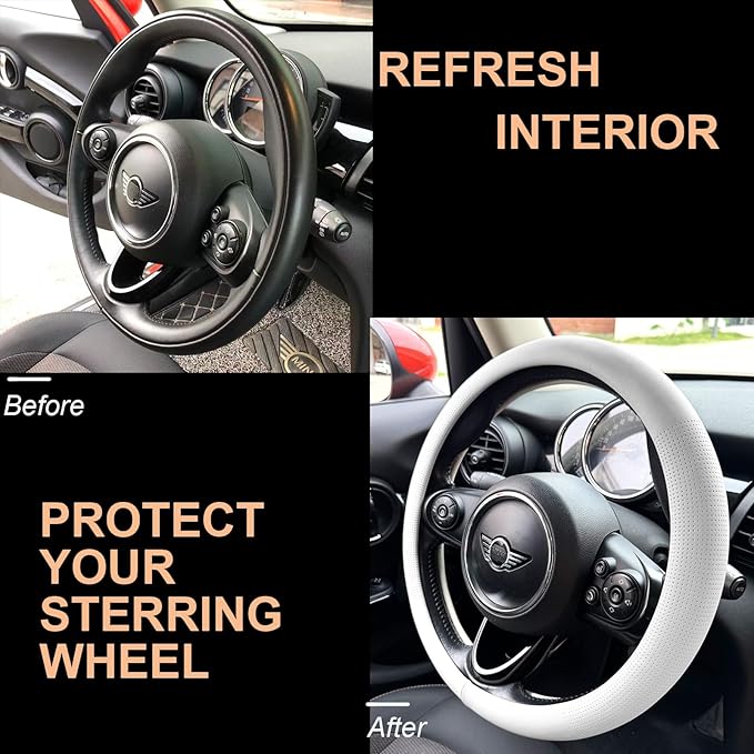 PINCTROT Nappa Leather Steering Wheel Cover, Slim Fit No Bulk Design, One Piece Leather with Breathable Perforation, Fit Like