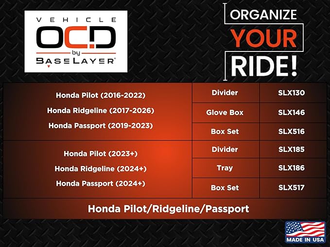 Vehicle OCD - Center Console Organizer for Pilot (2016-2022) / Ridgeline (2017-2023) / Passport (2019-2023) - Made in USA - SLX130