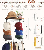 Keebofly Wall Hat Rack with Shelf, Multi-function Baseball Cap Organizer & Holder with 12 Hooks，Displays & Stores 60+ Caps, M