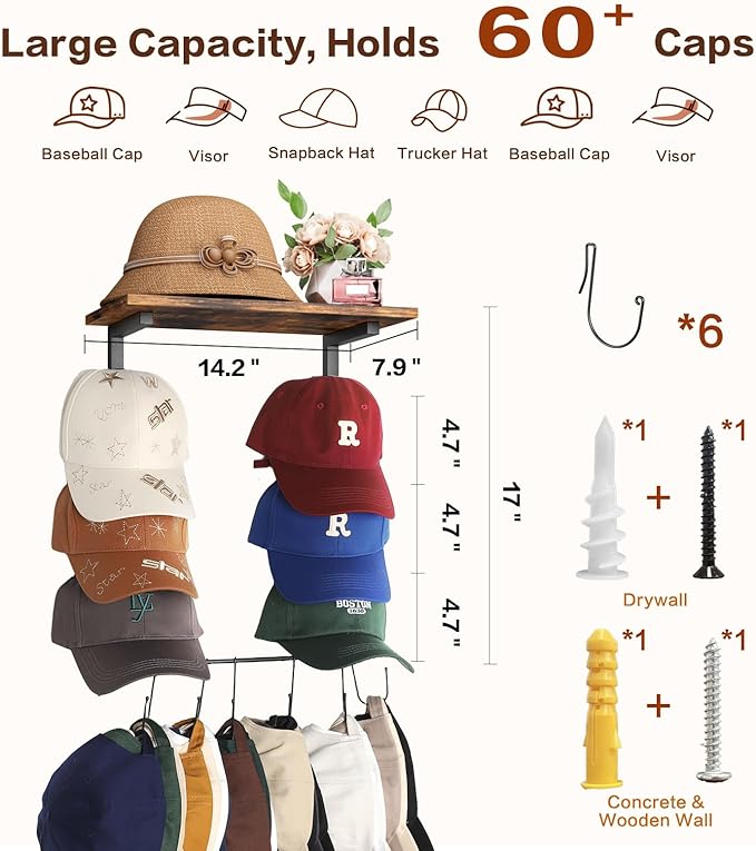 Keebofly Wall Hat Rack with Shelf, Multi-function Baseball Cap Organizer & Holder with 12 Hooks，Displays & Stores 60+ Caps, M