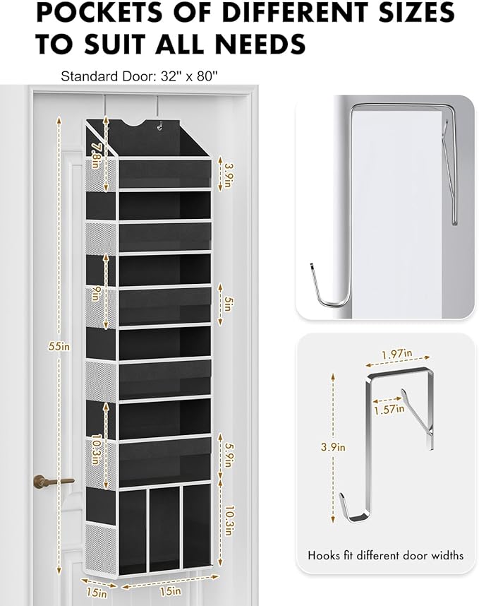 Over The Door Organizer Hanging - 6 Shelf Over Door Organizer with 6 Clear Front & 12 Side Pockets - 50LB Load Behind Storage