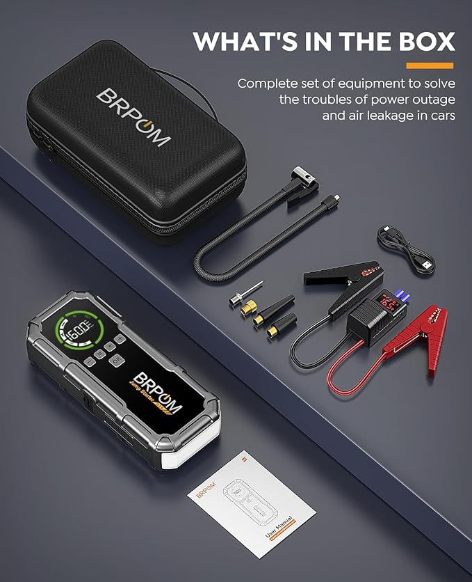 Jump Starter with Air Compressor, BRPOM 8000A Portable Car Jump Starter (All Petrol/12L Diesel), 160PSI 12V Battery Jump