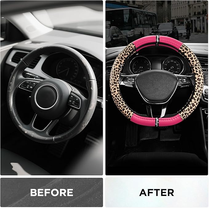 Road Comforts Leopard Steering Wheel Cover for Women, Cute Anti-Slip Microfiber Leather, Fits D Shape Flat Bottom Steering Wh