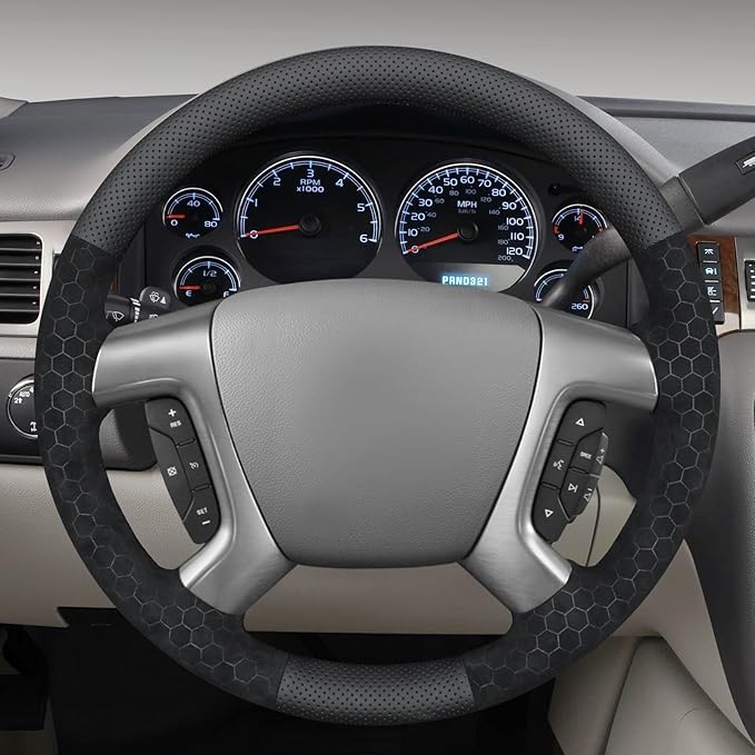 MEWANT Hand Stitch Steering Wheel Cover for Chevy Silverado 1500 Avalanche Real Leather Embossed Athsuede Steering Wrap