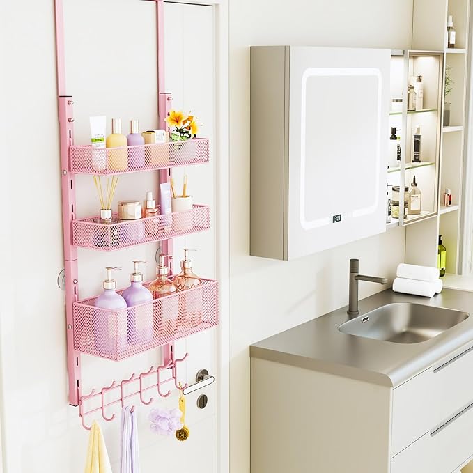 Consumest Over The Door Hooks Organizer - 4 Tier Door Coat Rack with 3 Baskets and 12 Hooks, Stainless Steel Towel Hanger for