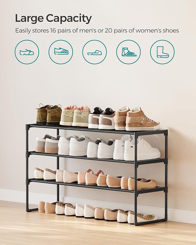 SONGMICS Shoe Rack, 3-Tier Shoe Organizer, Metal Storage Shelf, Upright or Upside Down, for 16-20 Pairs, Stackable, for Entry