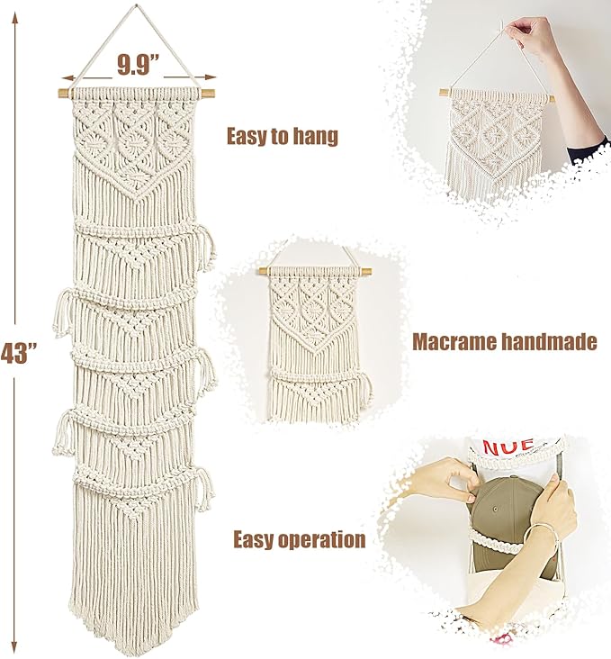 jontell Ball Cap Hanger-2 Pack-Boho Macrame Cap Holder Wall Hat Organizer for Baseball Cap Holder Over Door, Hat Rack for Wal