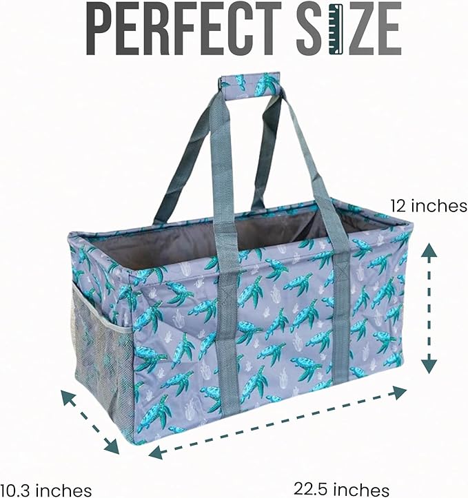 Extra Large Utility Tote Bag - Oversized Collapsible Reusable Wire Frame Rectangular Canvas Basket With Two Exterior Pockets For Beach, Pool, Laundry, Car Trunk, Storage - Turtle