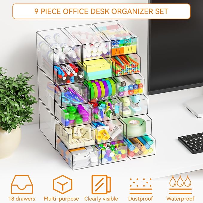 Yieach 9 Pack Small Acrylic Drawers With 18 Drawers,Clear Drawer Organizers Stackable,School,Office Supplies Organizer And St