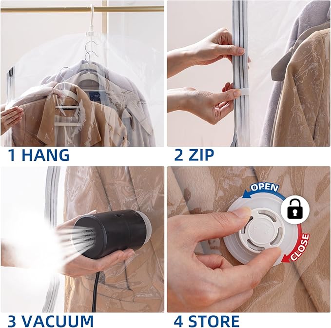 Hanging Vacuum Storage Bags, 6 Pack Hanging Storage Bags for Clothes With Electric Pump, Vacuum Sealed for Suits, Dress, Jack