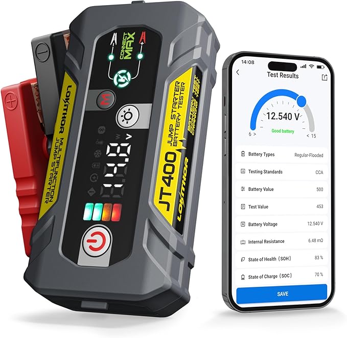 LOKITHOR JT400 12V Jump Starter and Battery Tester 2-in-1, 2500A Battery Jumper Starter Portable for Up to 8.5L Gas &