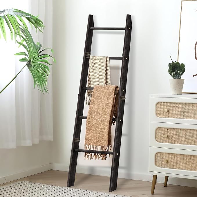 XLHOMO Blanket Ladder for Living Room, 5-Tier Wooden Ladder Shelf, Rustic Decorative Blanket Rack for Blankets, Quilts, Farmh