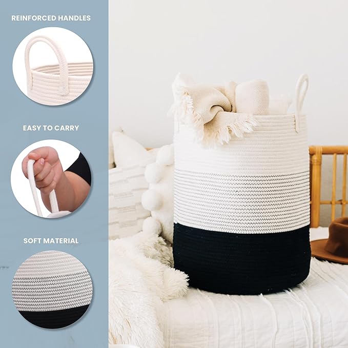 OrganiHaus Large Black & White Woven Laundry Basket w/Handles 52L, Rope Dirty Clothes Hamper, Blanket Basket for Living Room,