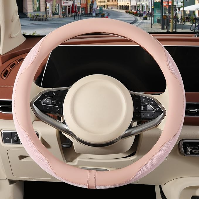 Nappa Leather Steering Wheel Cover, Advanced Microfiber Leather Non-Slip Breathable Fabric, Warm in Winter and Cool in Summer
