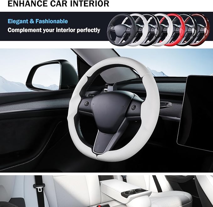 Steering Wheel Cover for Tesla Model 3 (2017-2023) / Model Y (2020-2024),Anti-Slip,Comfortable Grip, Breathable,Customized for Tesla Model 3/Y Accessories,Nappa White
