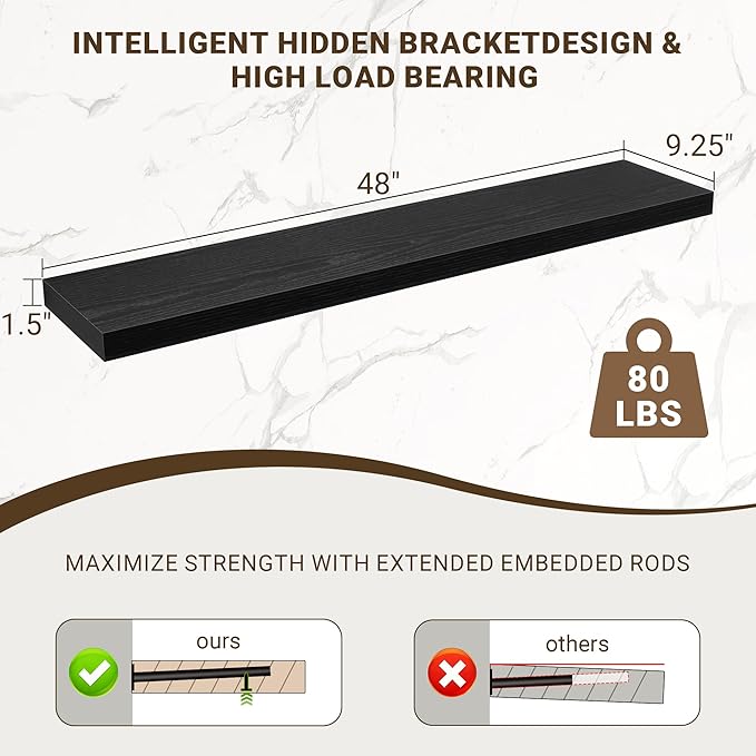 48 Inch Floating Shelves, 48"x9.25"x1.5" Inch Deep Floating Shelves for Wall, Wooden Shelves for Bathroom, Bedroom, Living Ro